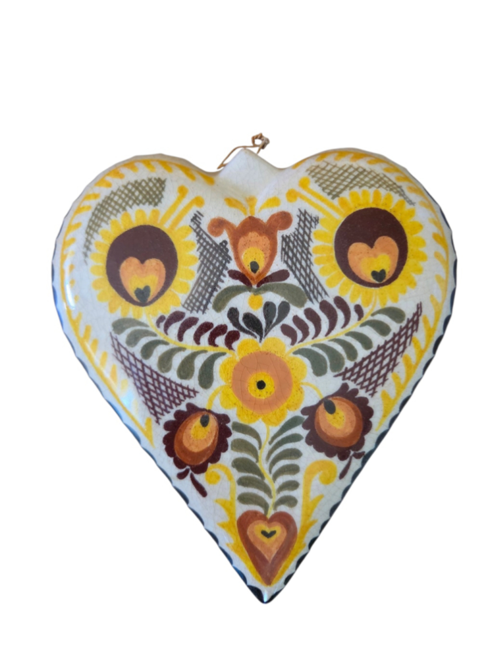 Vintage Folk Art Hand-Painted Ceramic Heart Plaque Floral Primitive Design 8"
